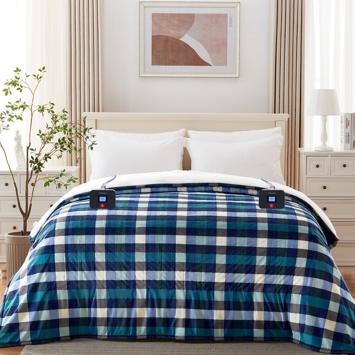 Kata Westinghouse Electric Blanket Heated Throw King Size 100" x 90", Plaid Sherpa Heating Blanket, 10 Heating Levels & 1-12Hours Heating Time Settings