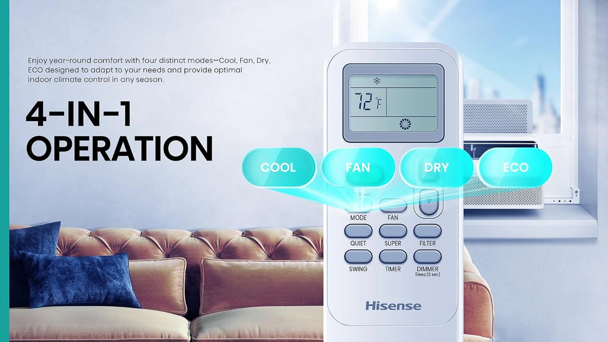 Hisense 8,000 BTU Smart Inverter Window Air Conditioner Easy Install Bracket, Up to 350 Sq Ft, Ultra-Slim Profile, 3 Speed, 700W, 4Way Air Direction, (slightly damaged box)