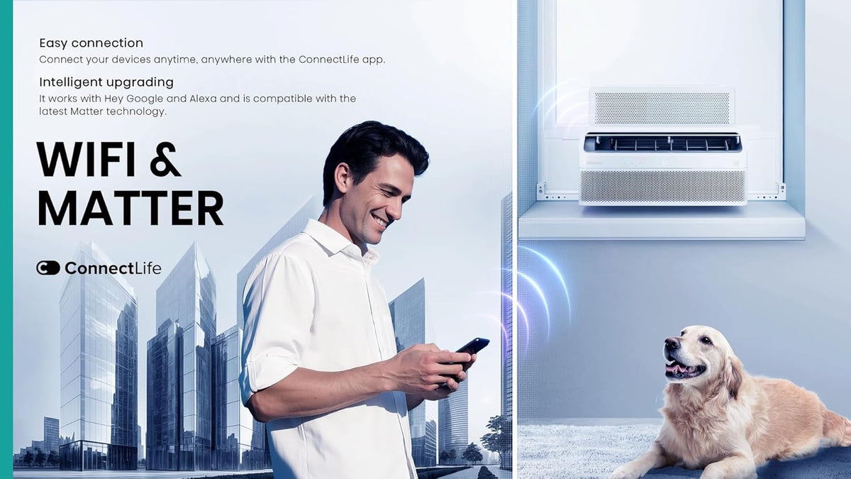 Hisense 8,000 BTU Smart Inverter Window Air Conditioner Easy Install Bracket, Up to 350 Sq Ft, Ultra-Slim Profile, 3 Speed, 700W, 4Way Air Direction, (slightly damaged box)