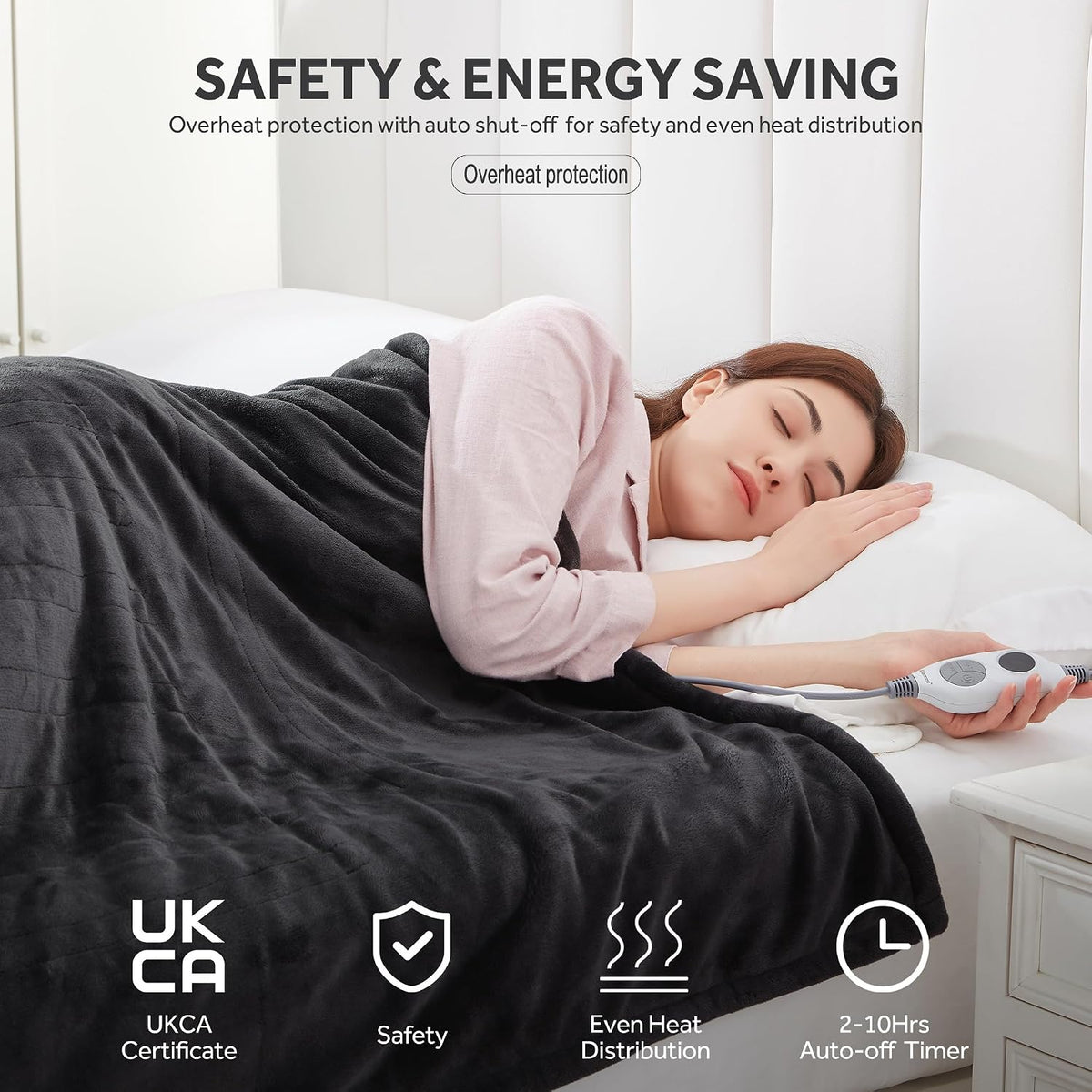 Warmrest Electric Blanket Heated Throw Blanket Soft Flannel, 6 Heat Levels Fast Heating, 1 to 10 Hours Auto-Off, Detachable Controller, Machine Washable