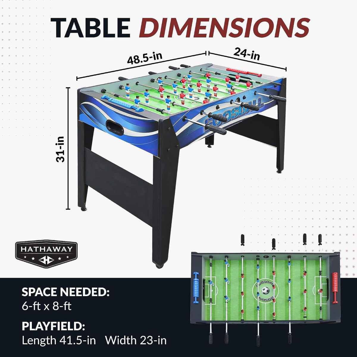 Hathaway Allure 48 inch Foosball Table for Family Game, Arcade or Rec Rooms - With Smooth Playfield, Dual Abacus Scoring, Auto Ball Return, Sturdy Leg Levelers & Foosball Balls  Black & Blue