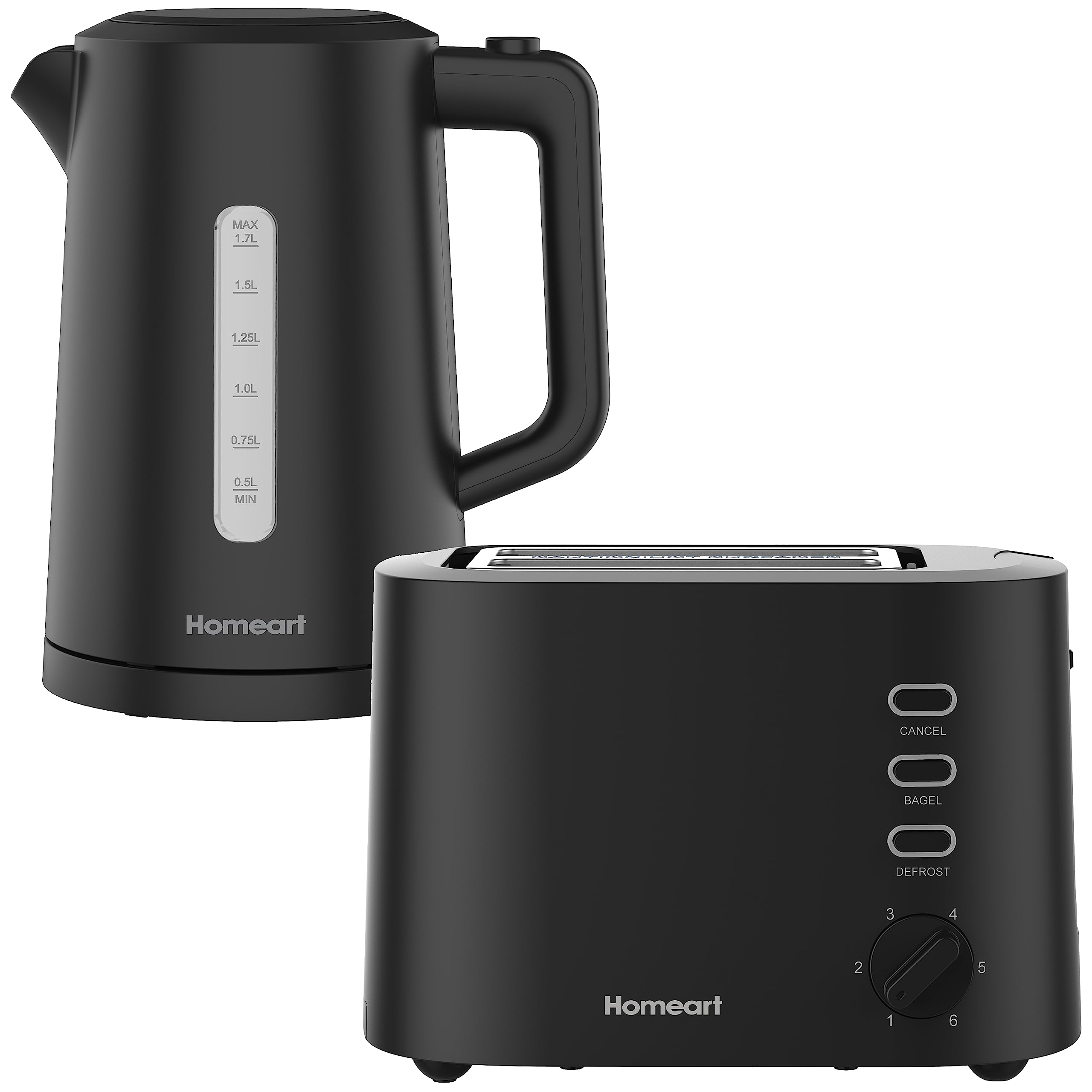 Homeart Staple Cordless Electric Kettle Stainless Steel With Removable Filter and 2-Slice Toaster Stainless Steel With Removable Crumb Tray Combo, Black