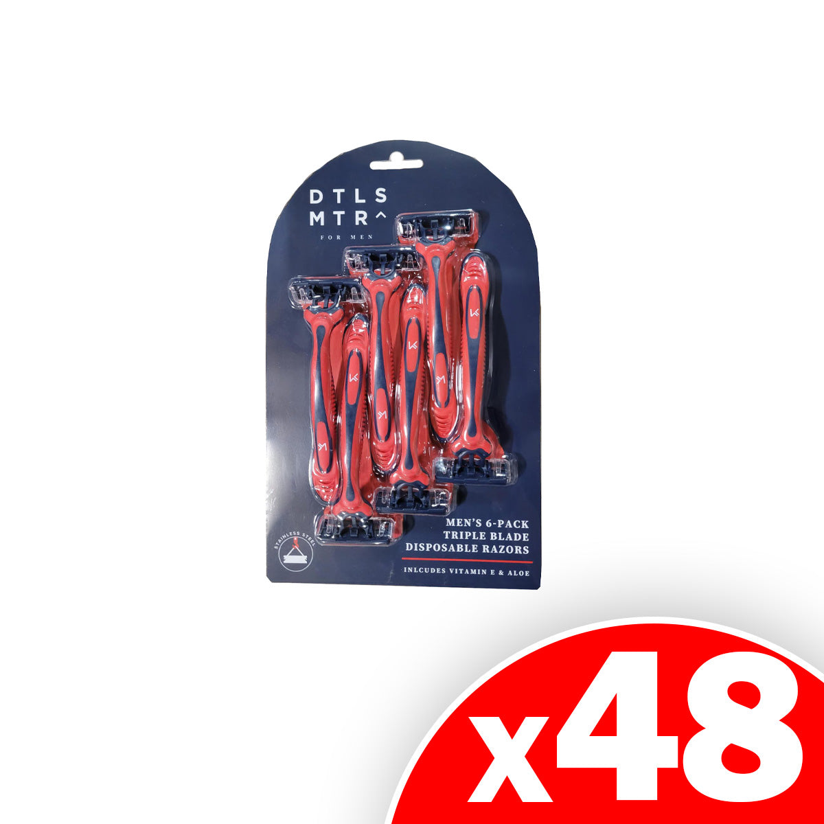 Men's 6pk-Disposable Razors Triple Blade Aloe & Vitamin E (Red/White), 48 Pack
