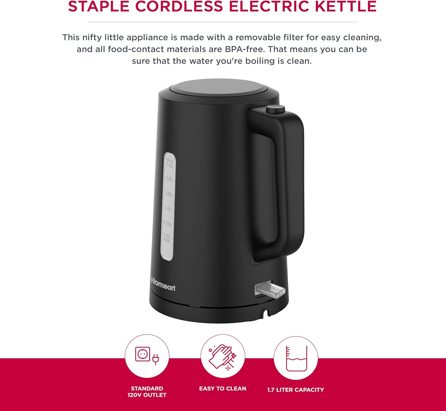 Homeart Staple Cordless Electric Kettle Stainless Steel With Removable Filter and 2-Slice Toaster Stainless Steel With Removable Crumb Tray Combo, Black