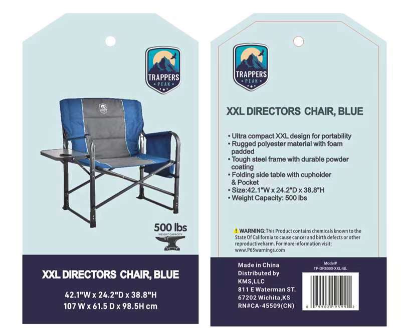 XXL Directors Chair with Foldable Side Table & Side Pocket, Blue