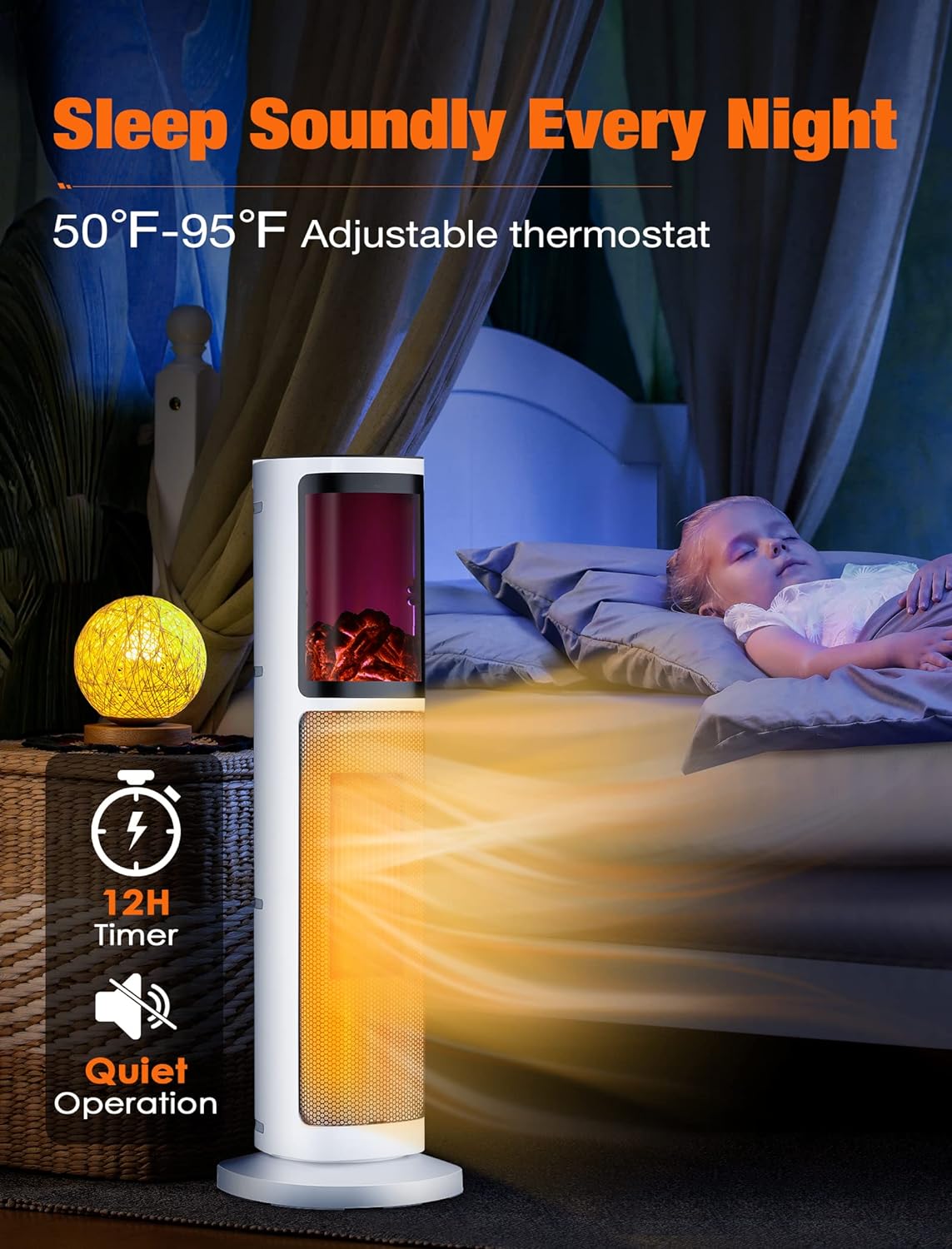 Trustech Tower Space Heater for Room, Indoor Electric Space Heater, 3 Modes & Thermostat, 90 Oscillation, 12H Timer, Remote, Overheat & Tip-Over Protection, 3D Flame
