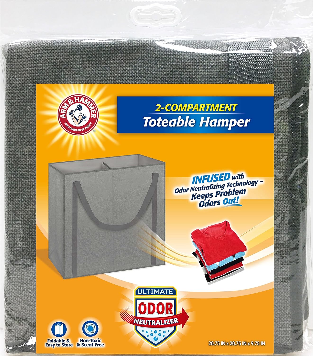 Arm & Hammer 48115, 2 Compartment Laundry Hamper Tote, Grey