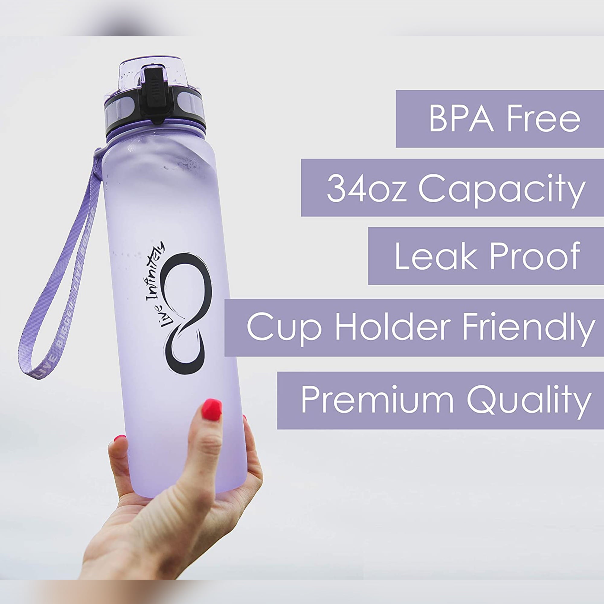 Live Infinitely Gym Water Bottle with Time Marker Fruit Infuser and Shaker 34 Oz Lilac, 50 Pack