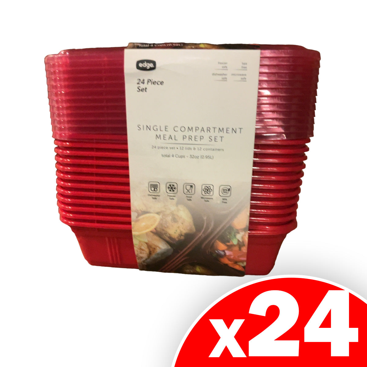 Edge 32oz Rectangle Meal Prep Containers (12 lids, 12 containers) Red, 24 Pack