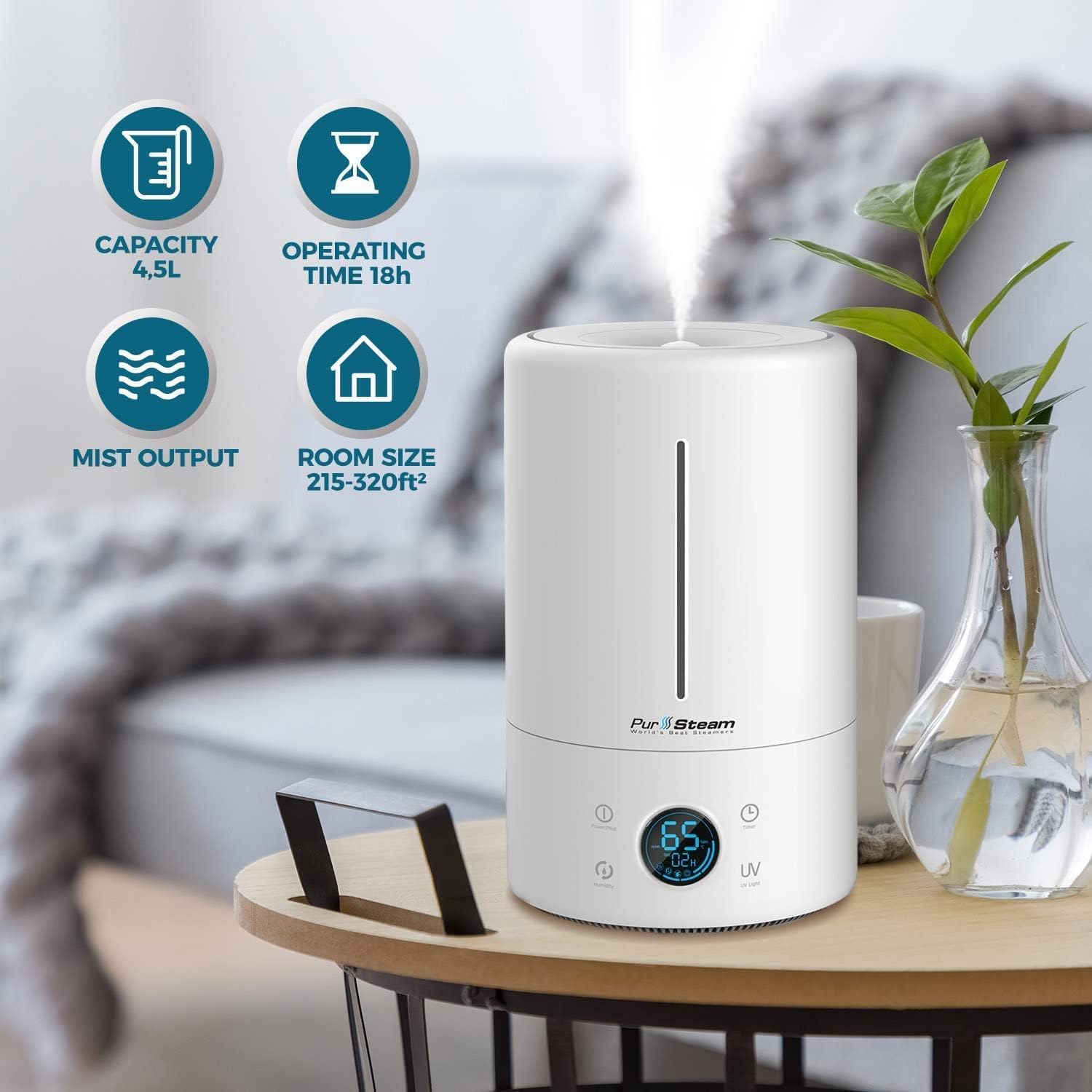 PurSteam Whisper-Quiet 5L Cool Mist Ultrasonic Humidifier for Large Rooms with Oil Diffuser & Auto Shut-Off, Humidifies up to 20 Hours
