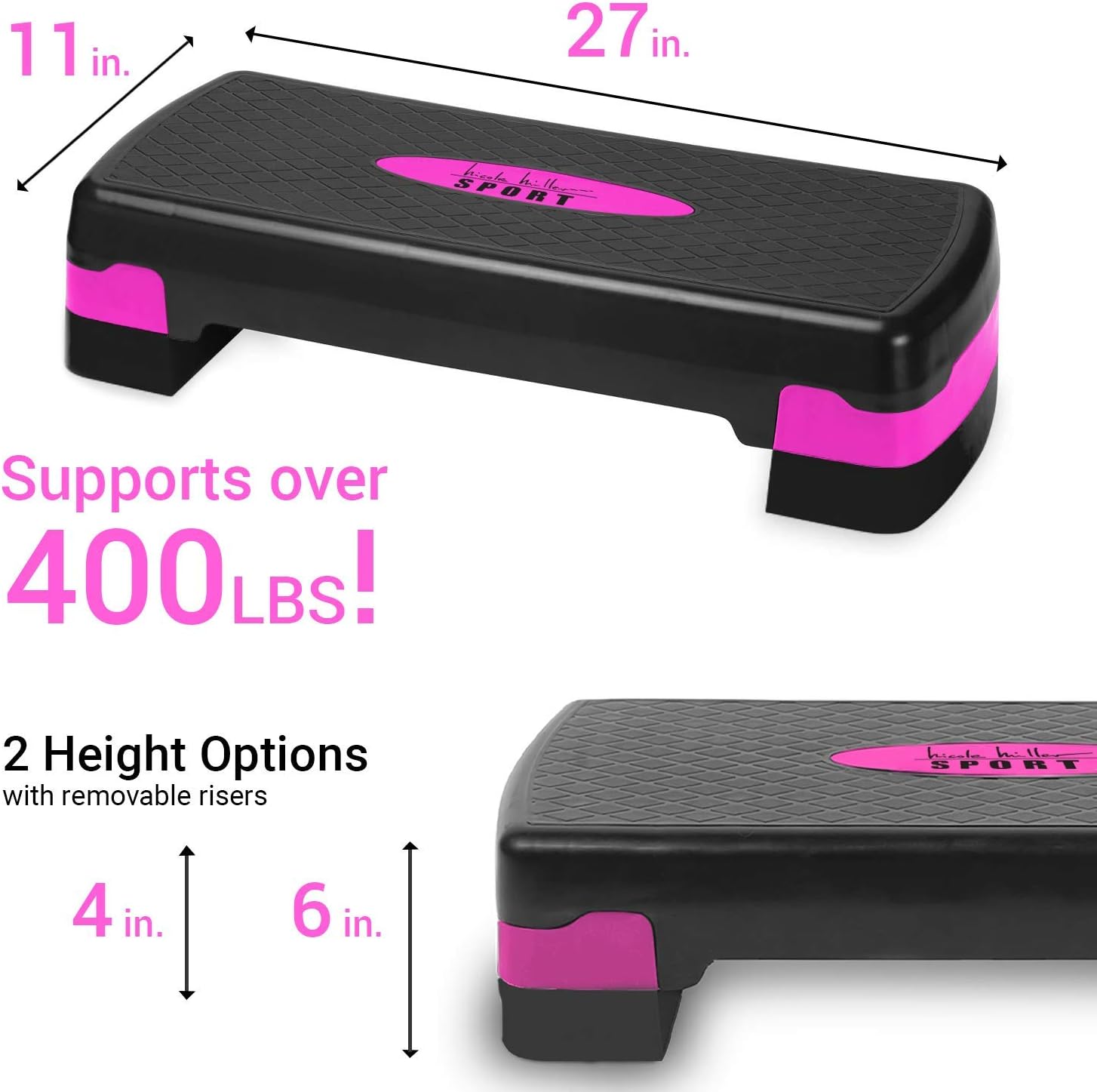 Nicole Miller Aerobic Exercise Step Deck, Adjustable Workout Fitness Stepper Exercise Platform with Risers