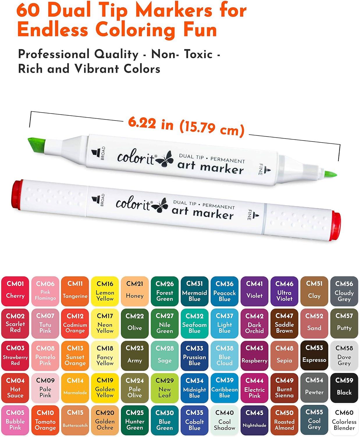 ColorIt 60 Dual Tip Art Markers Set For Coloring with Bullet And Chisel Tip