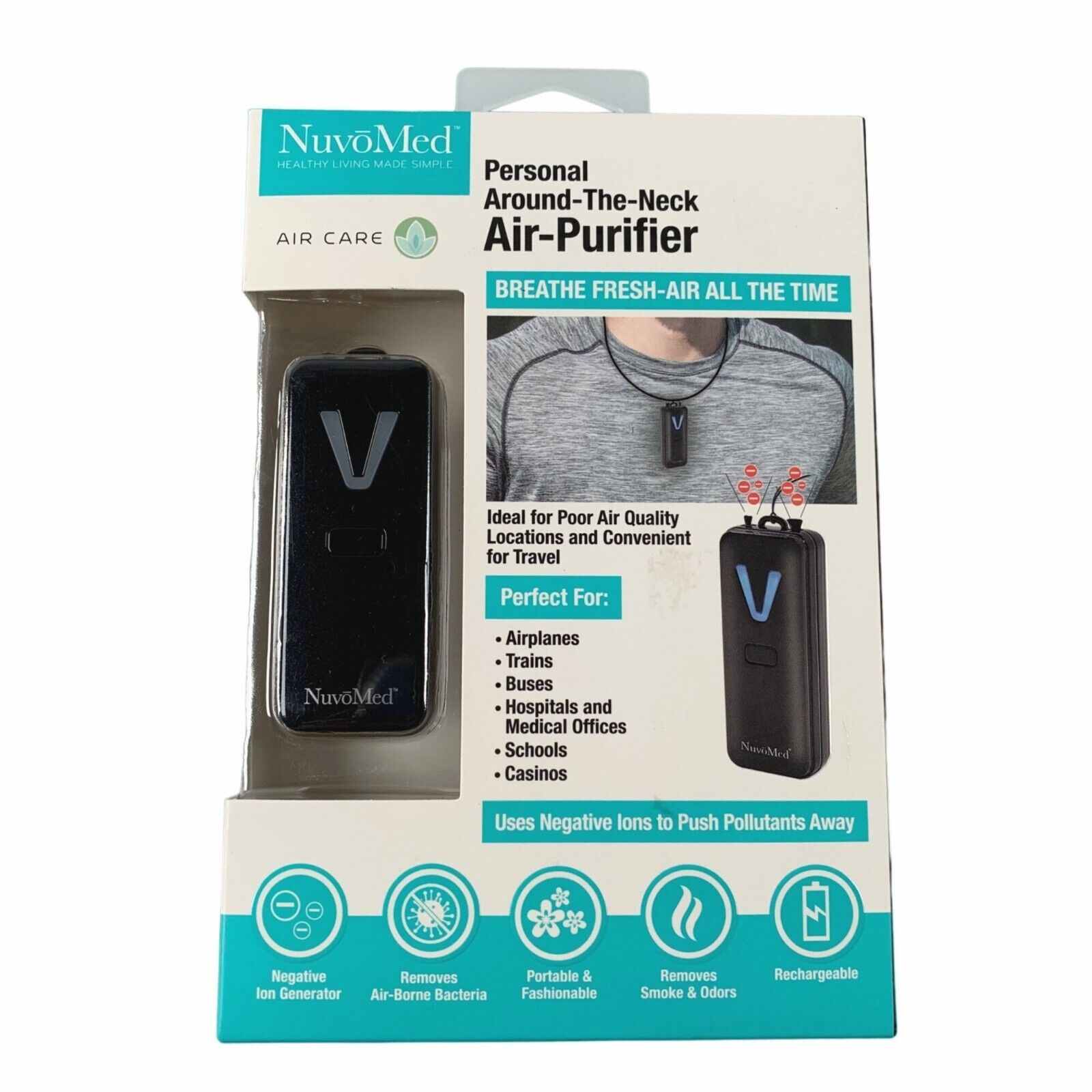 NuvoMed Personal Around Neck Air Purifier Black Rechargeable Negative Ion- Assorted Black & Silver