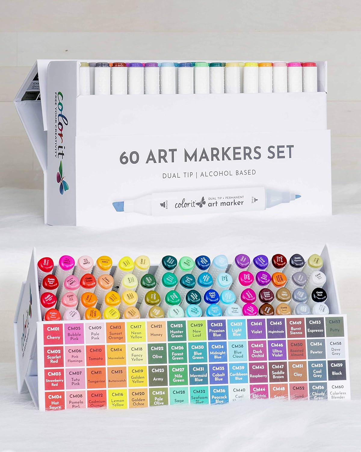 ColorIt 60 Dual Tip Art Markers Set For Coloring with Bullet And Chisel Tip