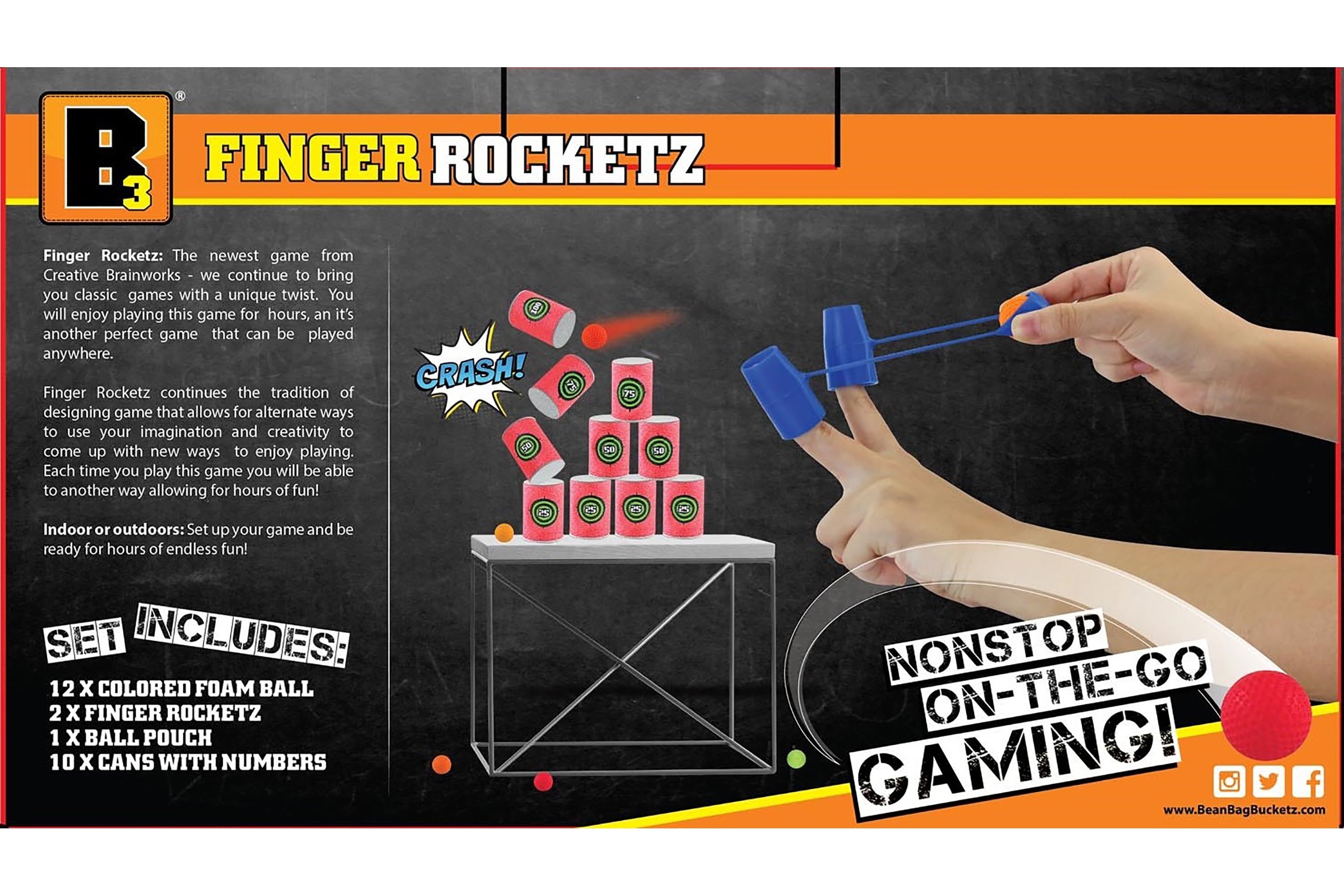 Creative Brainworks Finger Rocketz, Includes 2 Finger Creative Brainworks Sling rocketz, 12 Foam Balls, 10 Foam cans for Targets, 1 Carry Pouch