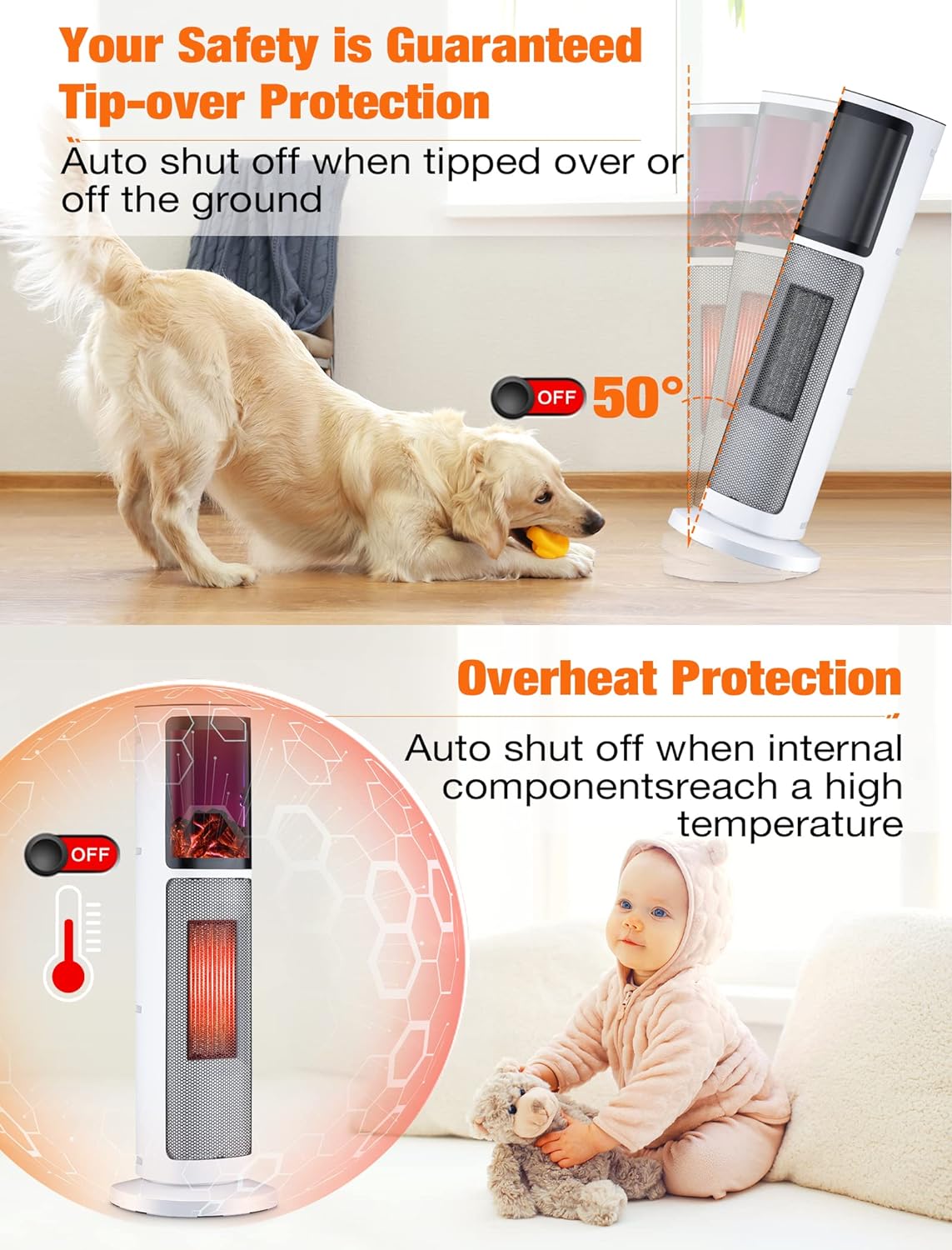Trustech Tower Space Heater for Room, Indoor Electric Space Heater, 3 Modes & Thermostat, 90 Oscillation, 12H Timer, Remote, Overheat & Tip-Over Protection, 3D Flame