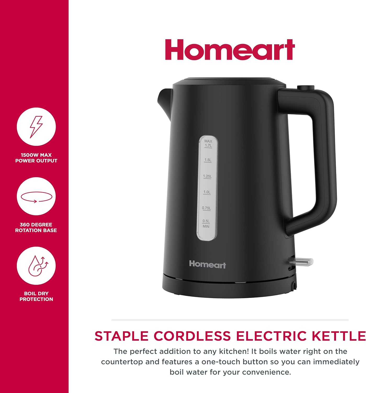 Homeart Staple Cordless Electric Kettle Stainless Steel With Removable Filter and 2-Slice Toaster Stainless Steel With Removable Crumb Tray Combo, Black
