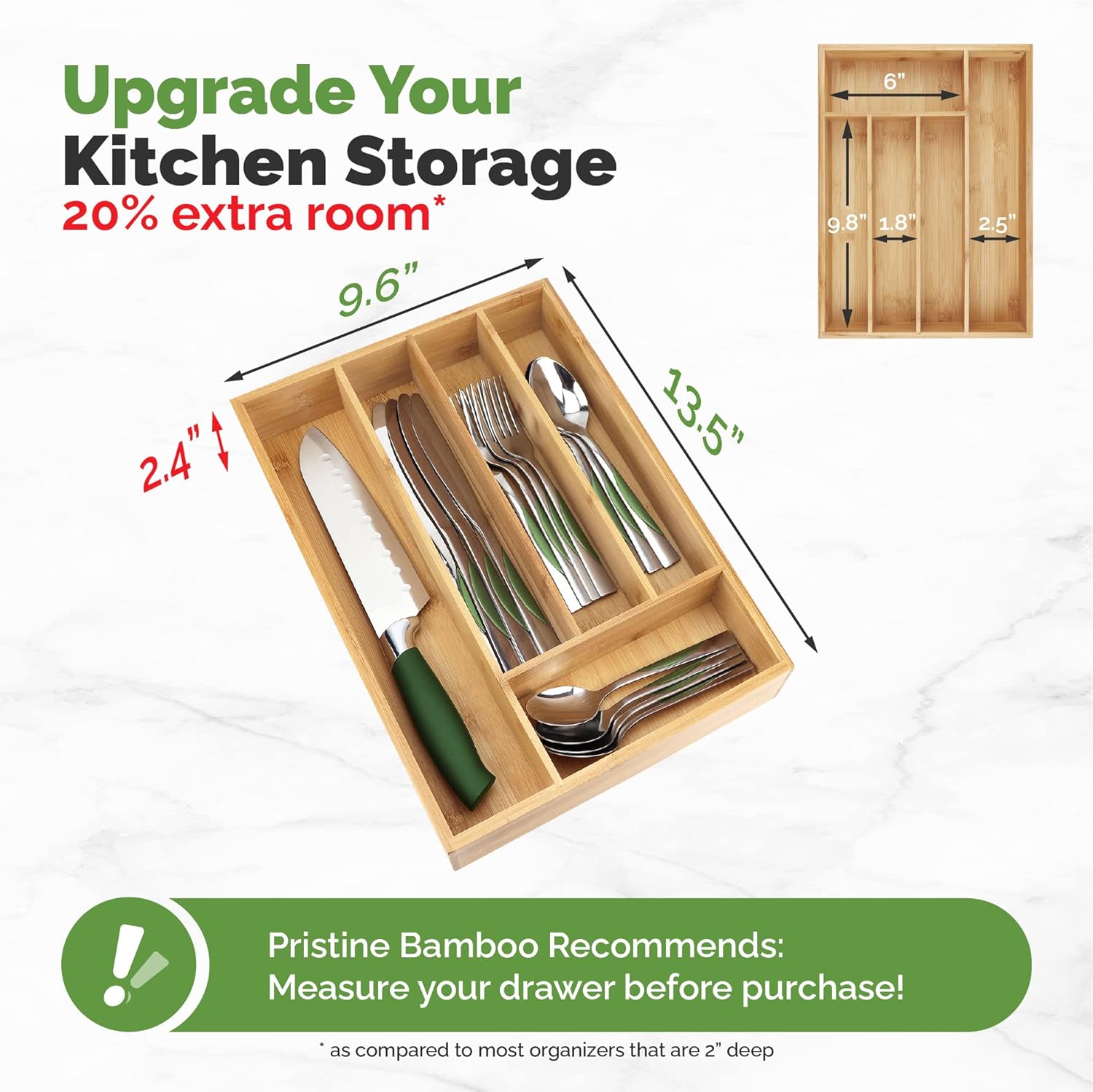 Pristine Bamboo Silverware Organizer for Kitchen Drawers with 5 Slots