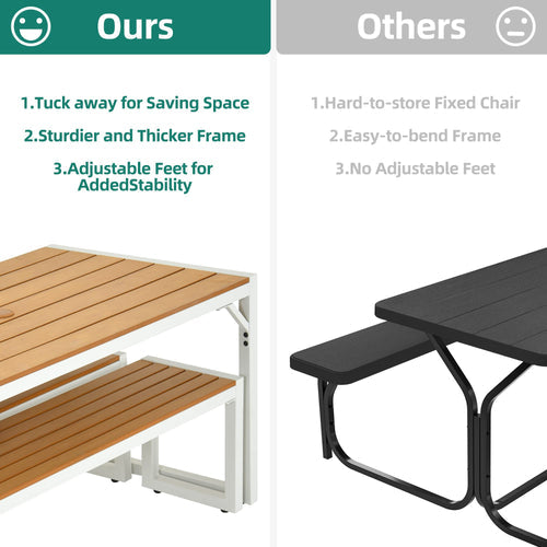 YITAHOME All-Weather Patio Dining Table and Bench with Faux Wood, for 4-6 People