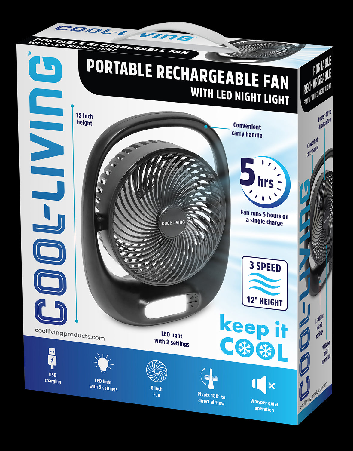 Portable Rechargeable Fan with LED Night Light, Asst Black, Silver, & White