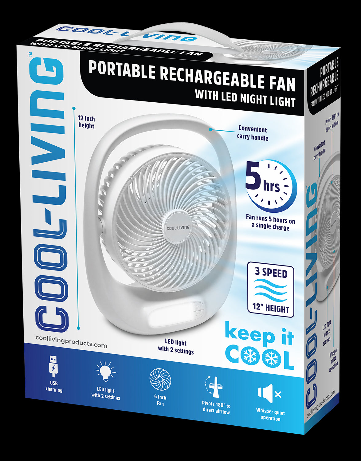 Portable Rechargeable Fan with LED Night Light, Asst Black, Silver, & White