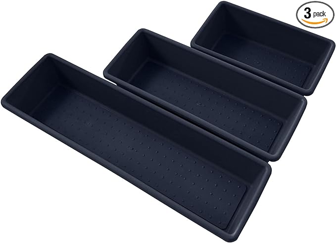 Edge Tray Bins 3 Pack Multi Use Storage for Kitchen Drawers, Office and Bathroom Non-Slip Durable Rubber Lining, Navy - Small