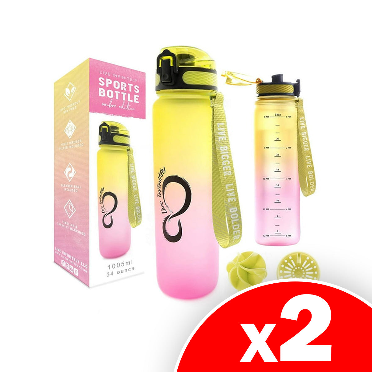 Live Infinitely Gym Water Bottle with Time Marker Fruit Infuser and Shaker 34 Oz, 2 Pack