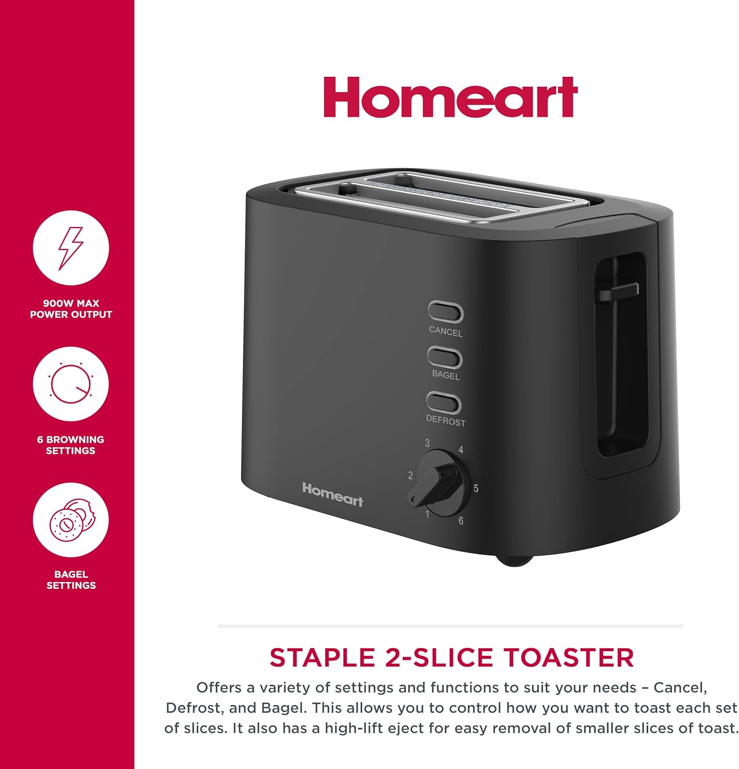 Homeart Staple Cordless Electric Kettle Stainless Steel With Removable Filter and 2-Slice Toaster Stainless Steel With Removable Crumb Tray Combo, Black