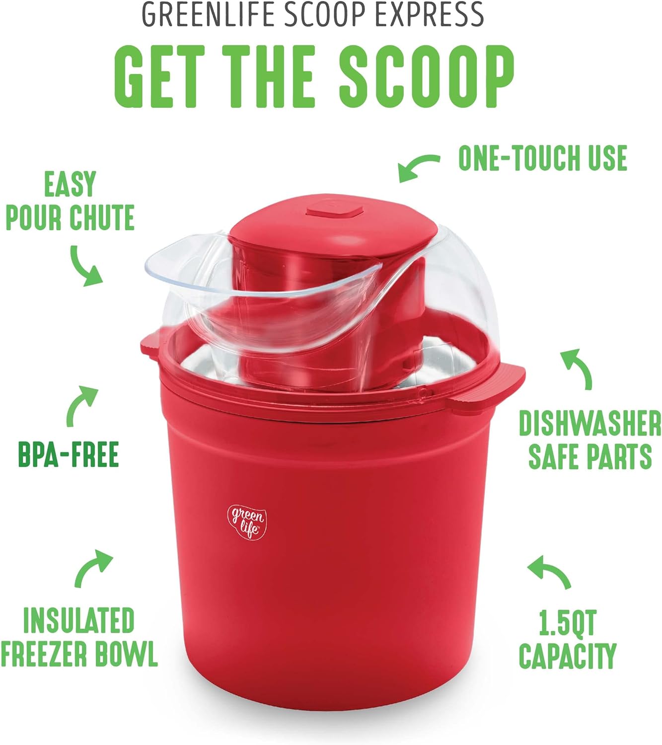 GreenLife Healthy Ceramic Nonstick 1.5QT Express Ice Cream Maker, Red