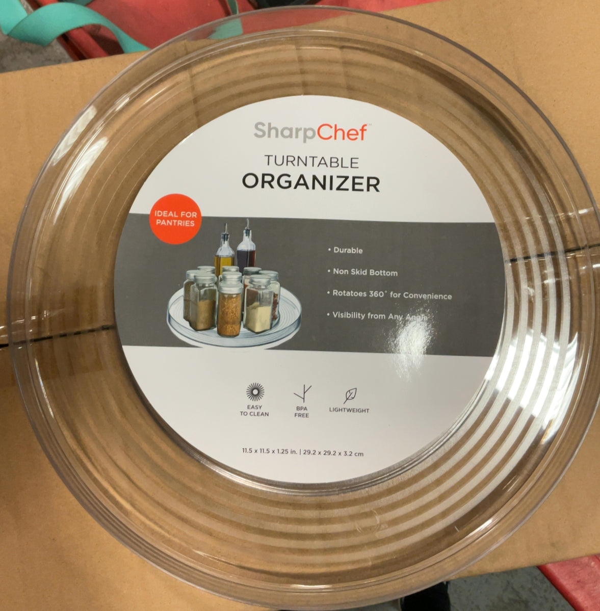 SharpChef Round Plastic Clear Lazy Susan Turntable Food Storage Container for Kitchen, 11.5" x 11.5" x 1.25"