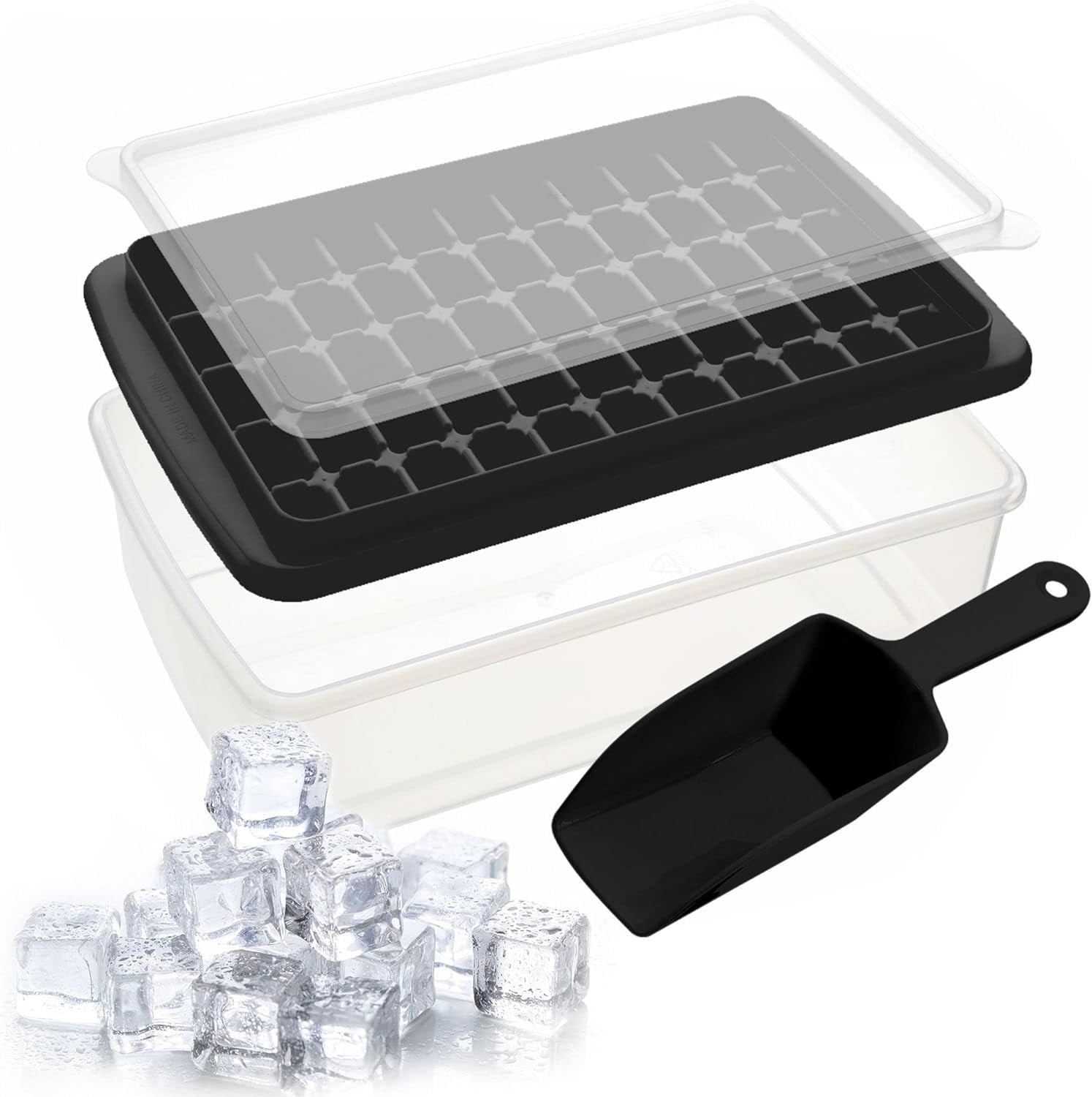 Yoove Ice Cube Tray with Lid and Container - 55 Nuggets Ice Tray Mold for Freezer Black