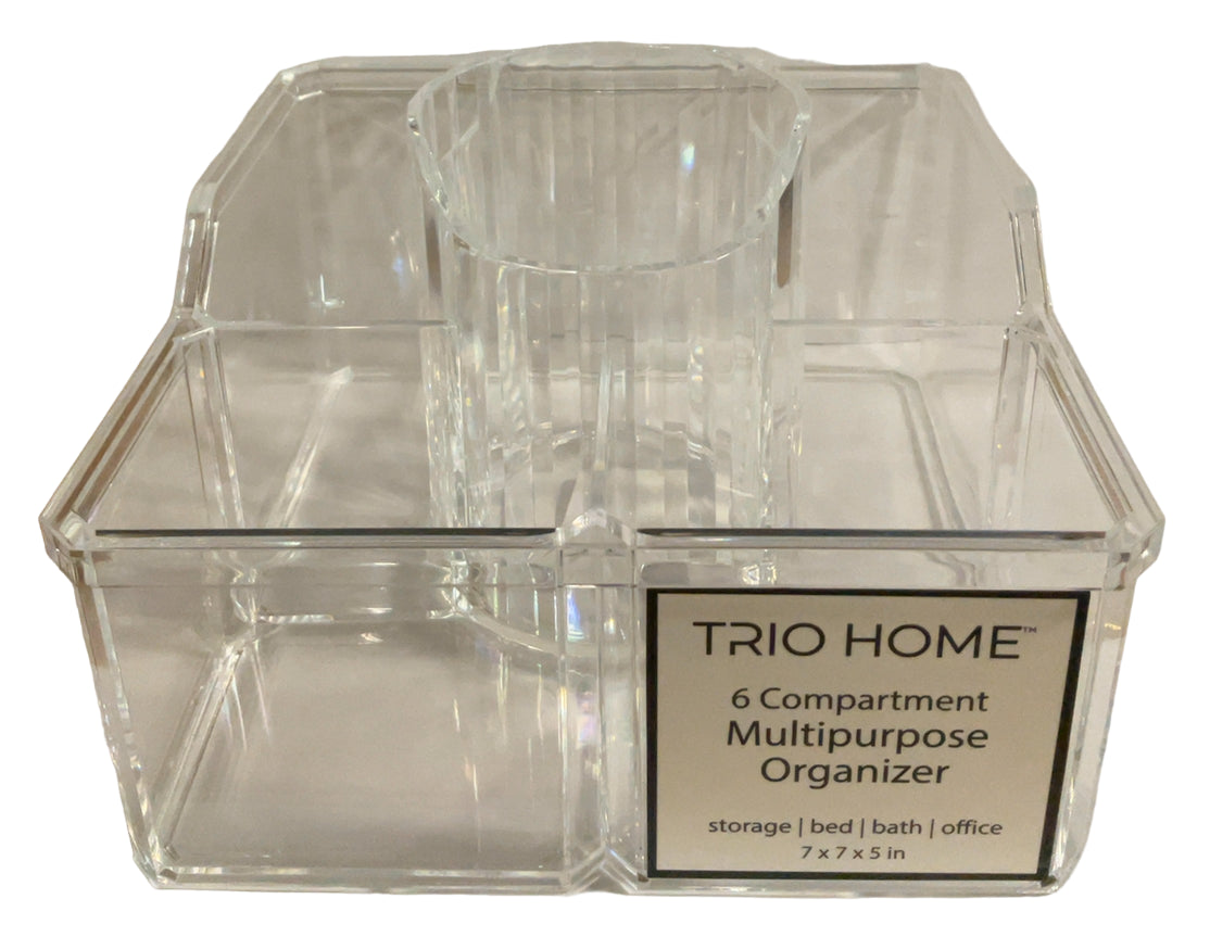 Trio Home Multi-Use Clear Makeup Organizer, 6 Compartments Skincare Cosmetic Storage