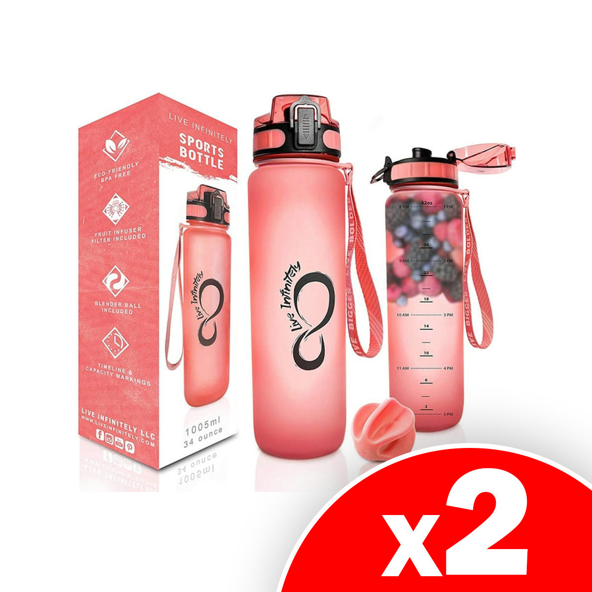 Live Infinitely Gym Water Bottle with Time Marker Fruit Infuser and Shaker 34 Oz, 2 Pack