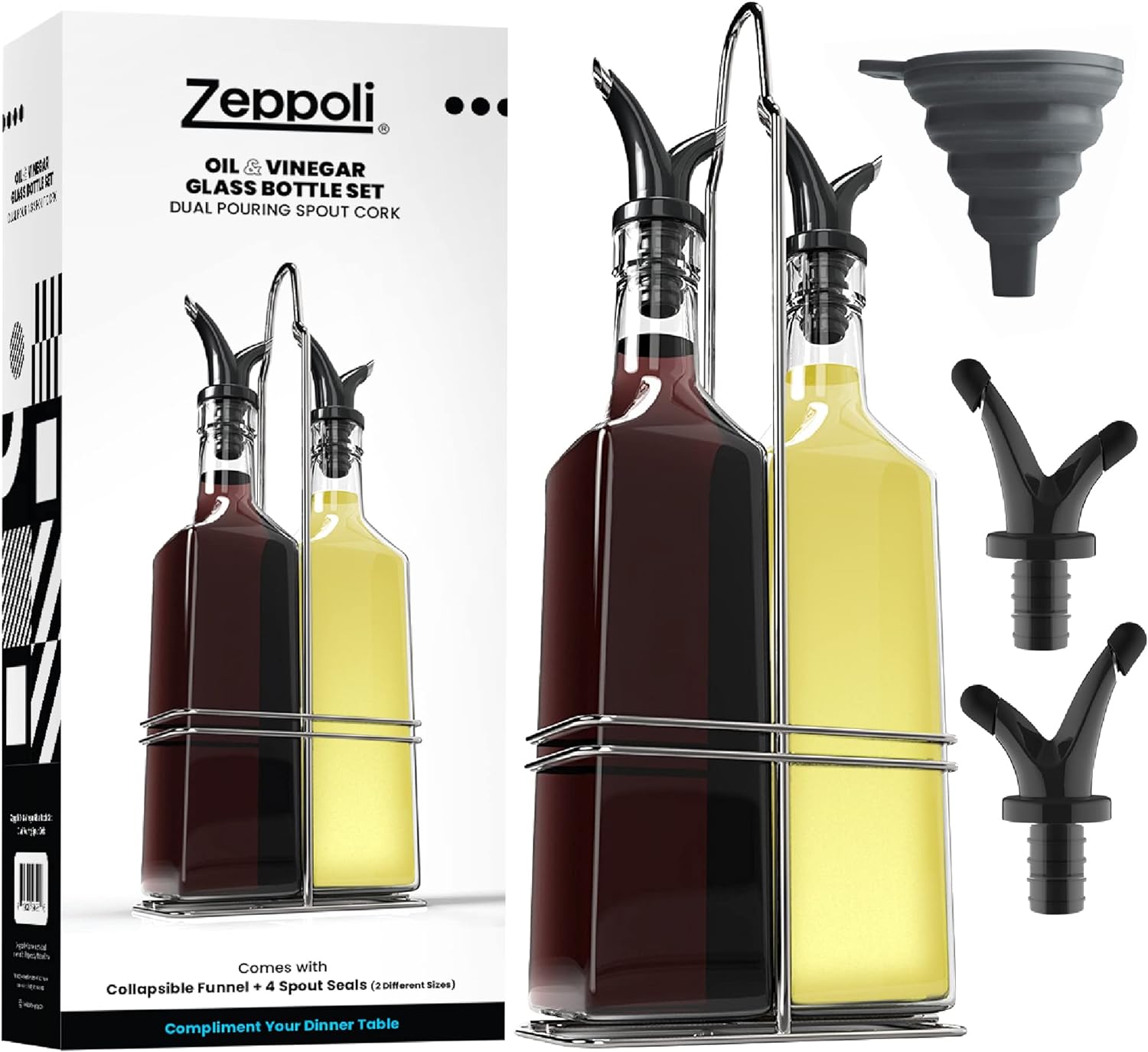 Equinox International Zeppoli Oil and Vinegar Bottle Set 17oz - Comes with Stainless Steel Rack, Removable Cork, Funnel, and Spout Caps