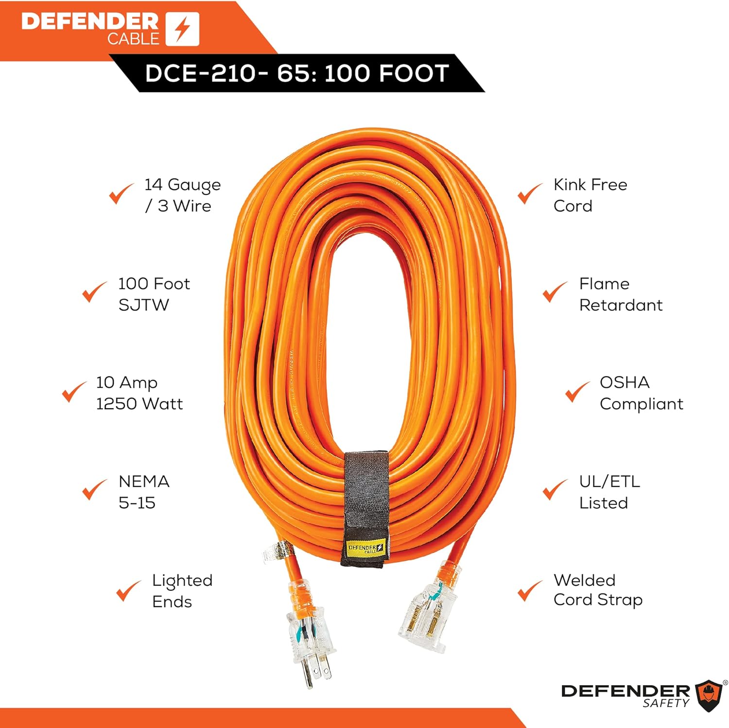 Defender Cable 14/3 Gauge, 100 ft SJTW Contractor Grade Extension Cord, with Lighted end,UL/ETL Listed, All Purpose (OSHA Compliant)