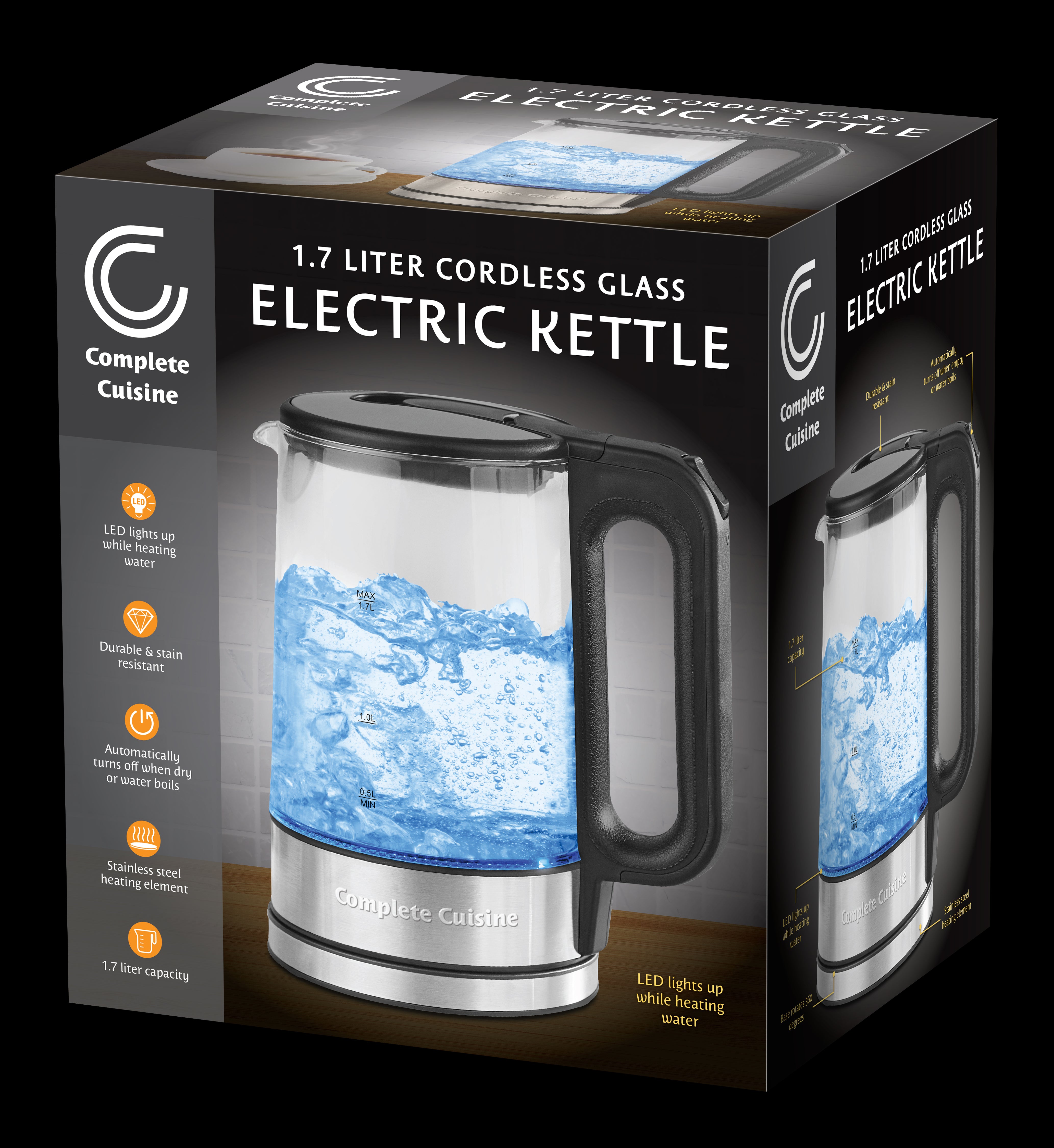 1.7 Liter Cordless Glass Electric Kettle, with Blue LED Indicator Light and Auto-Shutoff & Boil-Dry Protection