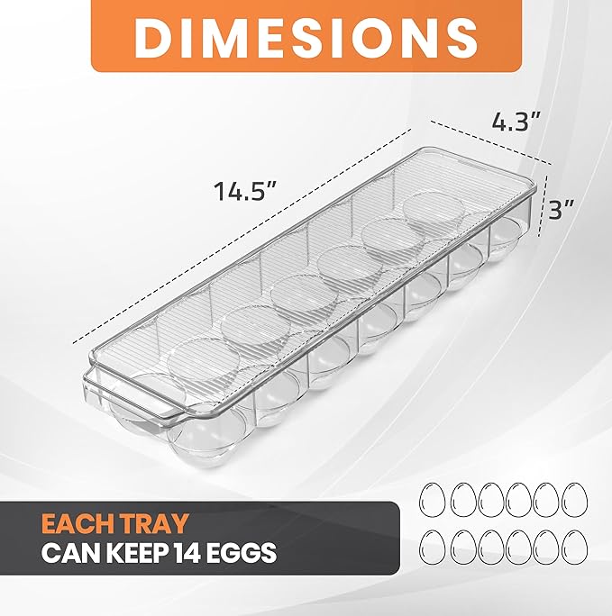 14 Egg Tray Holder, Stackable Refrigerator Egg Holder Bin with Handle and Lid, 14.5" x 4.3"