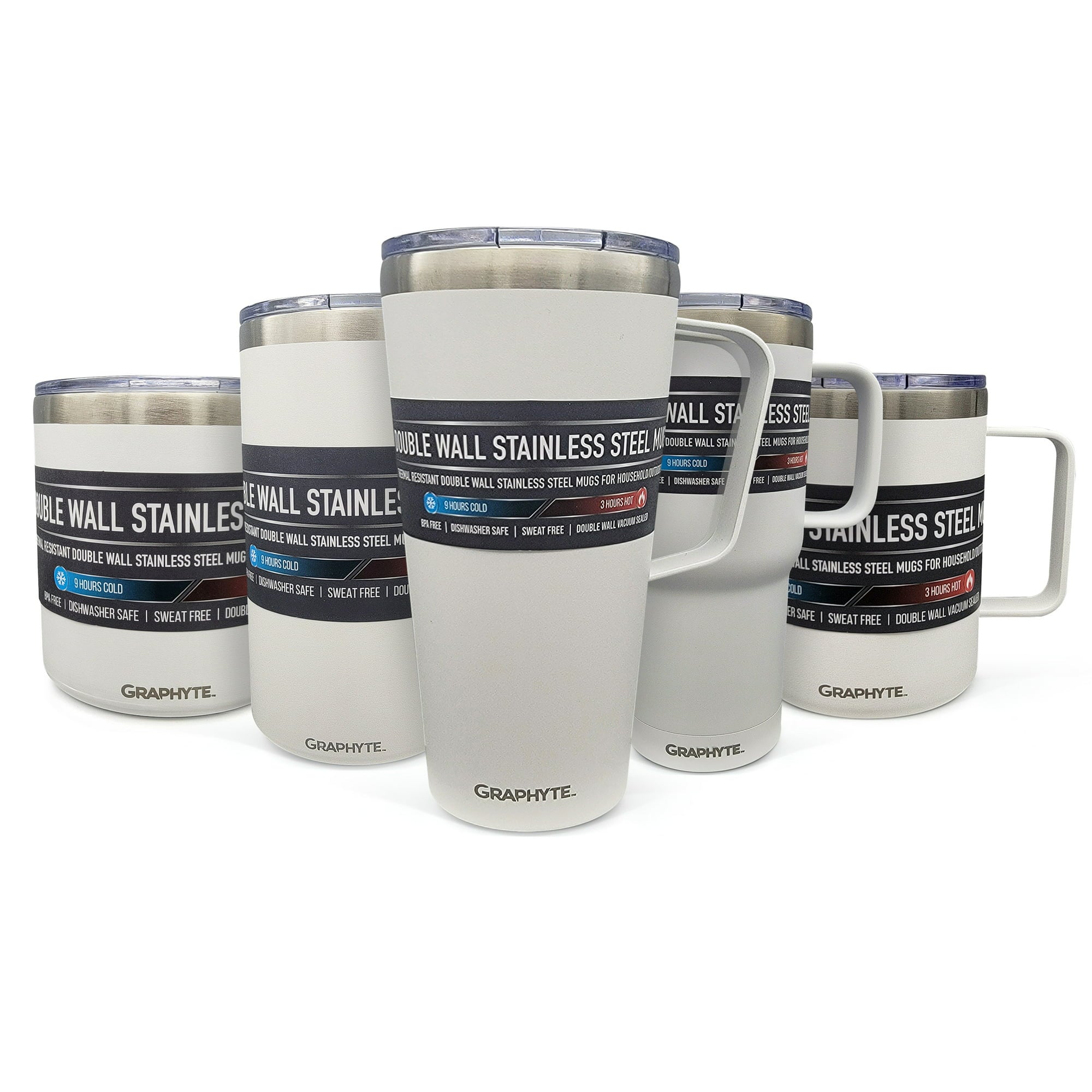 GRAPHYTE Double Wall Vacuum Insulated Stainless Steel Mugs with Handle and Slider Lid, Assorted Colors and Sizes