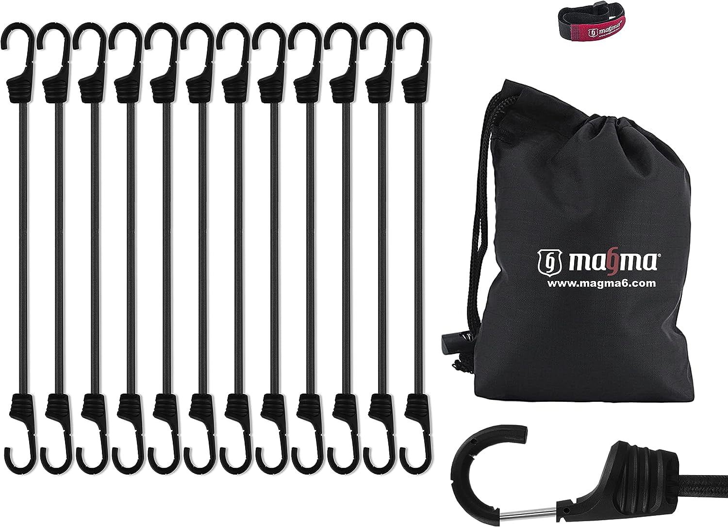 MAGMA 12 Bungee Cords Pack 1ft Max. Strength 153lbs Heavy Duty Elastic Cord Black