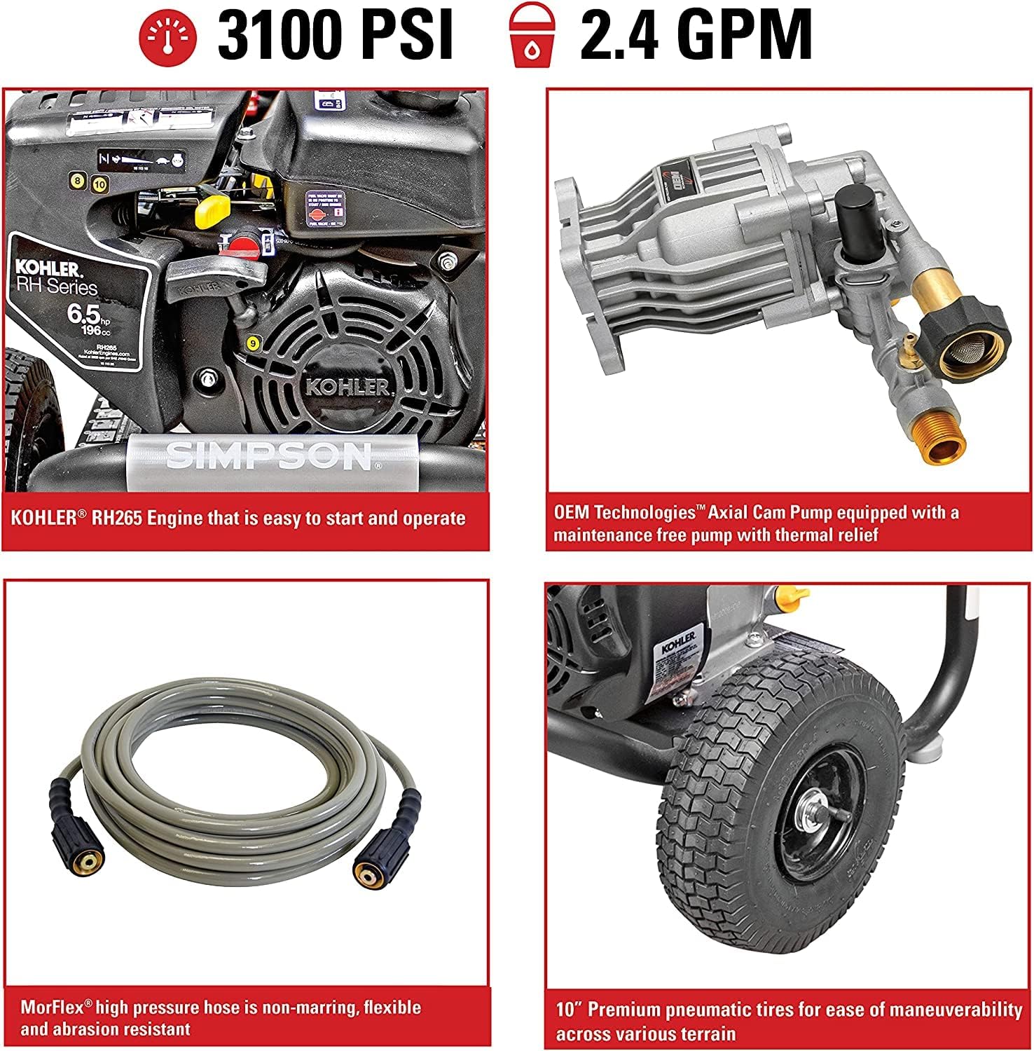 SIMPSON Cleaning MS60763-S MegaShot 3100 PSI Gas Pressure Washer, 2.4 GPM, Kohler RH265 Engine, Includes Spray Gun and Extension Wand, 5 QC Nozzle Tips, 1/4-in. x 25-ft. MorFlex Hose Pressure Washer 3100 PSI Honda RH265