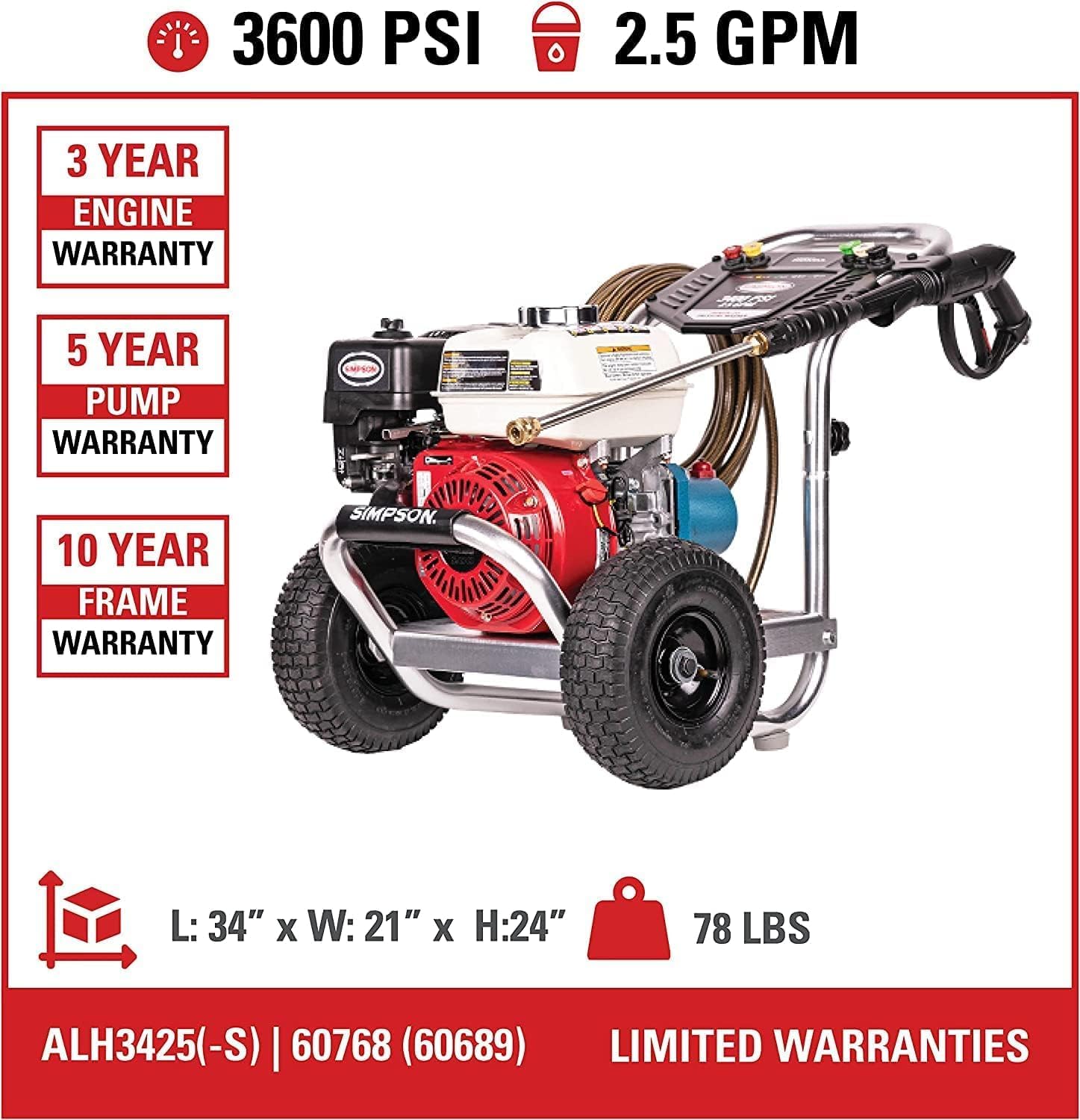 SIMPSON Cleaning ALH3425 Aluminum Series 3600 PSI Gas Pressure Washer, 2.5 GPM, Honda GX200 Engine, Includes Spray Gun and Extension Wand, 5 QC Nozzle Tips, 5/16-inch x 35-foot MorFlex Hose, 49-State 3600 PSI Honda GX200 (Refurbished)