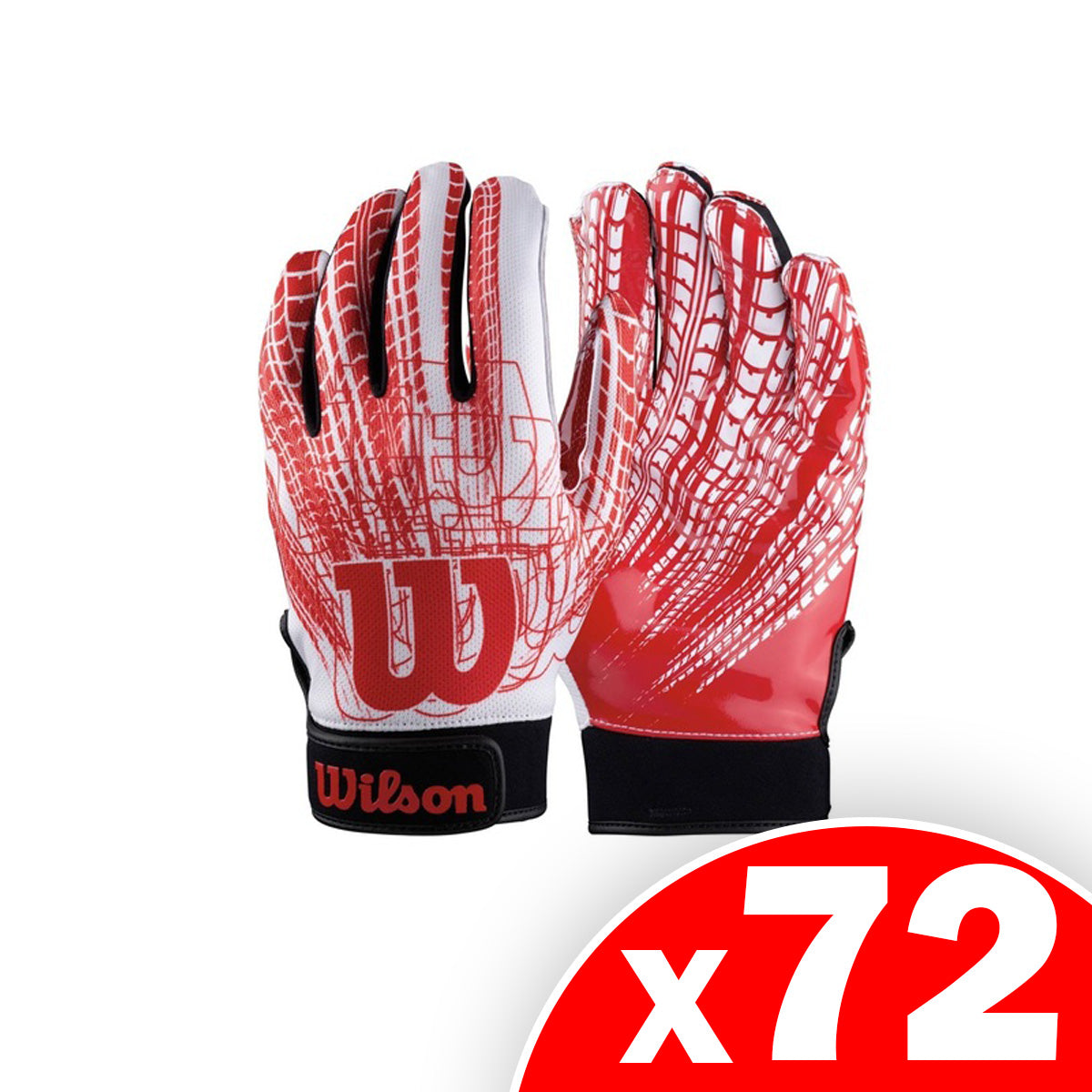 Wilson Youth Red and White Adjustable Wrist Strap Super Grip Football Gloves, Size Large, 72 Pack