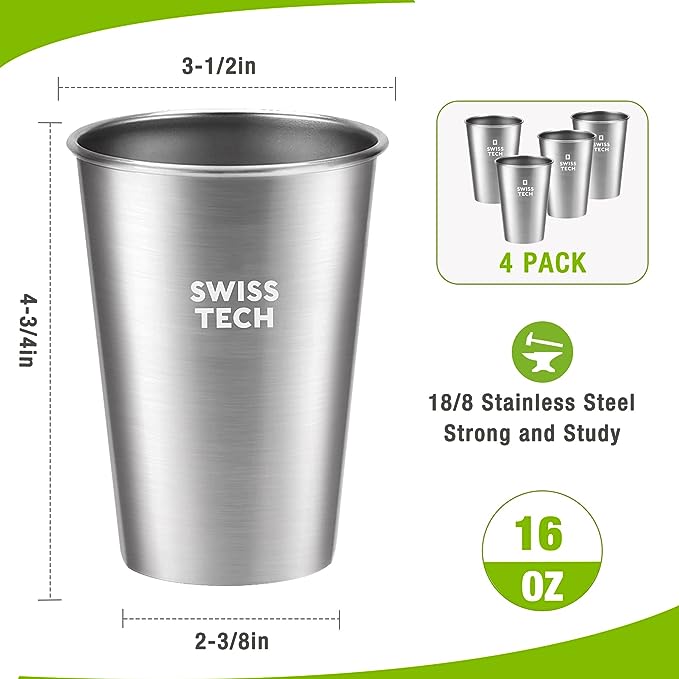 Swiss+Tech 16 oz Stainless Steel Cups, 4 Pack Stackable Pint Cup For Travel, Outdoor and Home, Silver