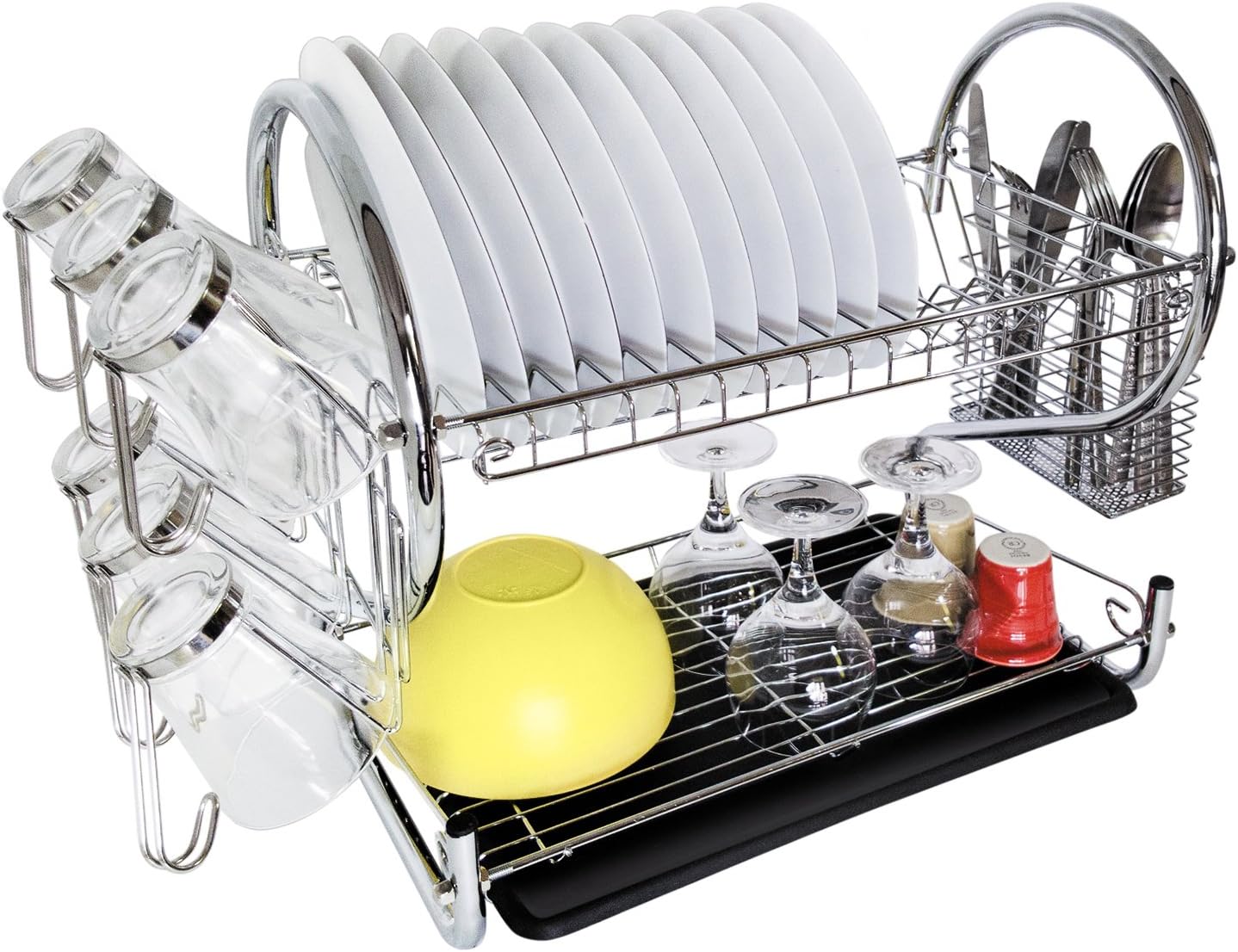 Tatkraft Helga 2-Tier Dish Drying Rack, Drainer with Drainboard for Kitchen Counter, Mug and Utensil Holder, Chrome-Plated, Easy Assembly