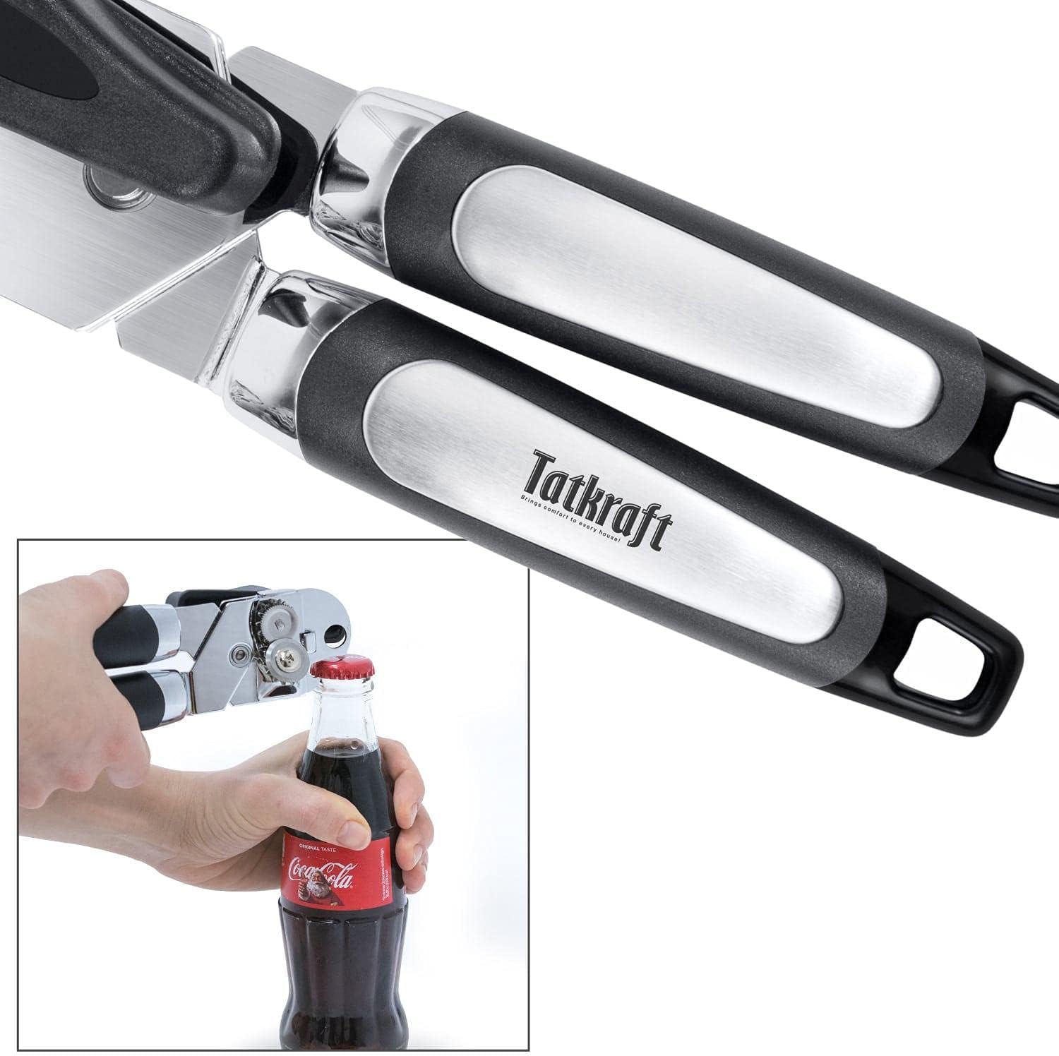 Tatkraft Grip 14-Piece Cooking Utensils, Stainless Steel and Nylon Kitchen Utensil Set Includes Cooking Spoon, Slotted Spoon, Whisk, Slotted Turner, Peeler, Can Opener, Measuring Cups and Spoons Set