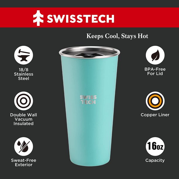 Swiss+Tech 16oz Stainless Steel Cups with lids, 2 Pack Double Wall Pint Cups, Insulated Tumbler with Lid, Unbreakable Durable Cups (Black & Turquoise)