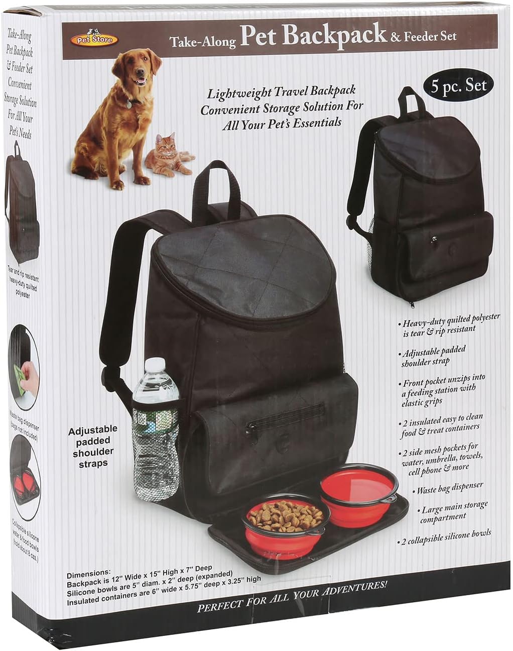 Etna Pet Supplies Travel Backpack - 5 Piece Cat Food Dog Food Storage Container Tote Bag, Black Travel Bag with Dog Food Container Set, Collapsible Dog Bowls, Dog Poop Bag Dispenser