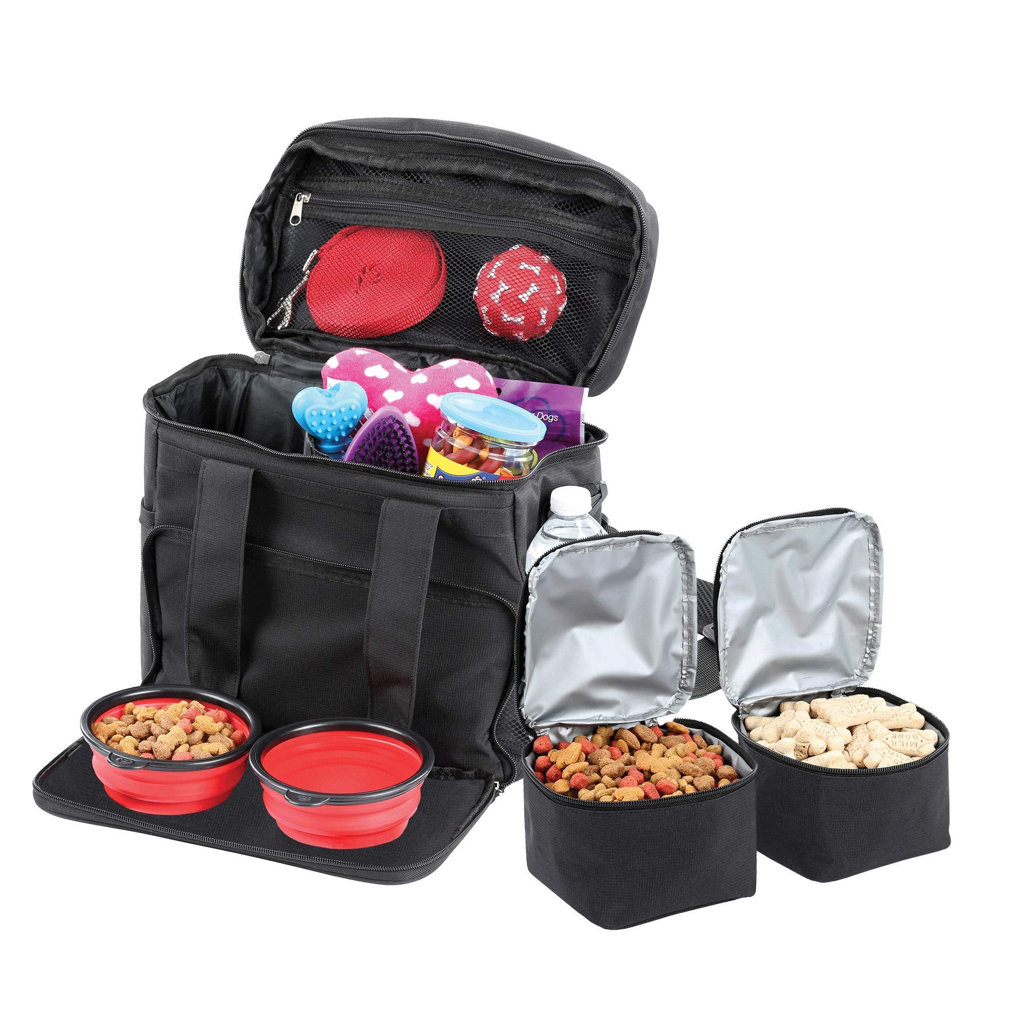 Bundaloo Dog Travel Bag Accessories Supplies Organizer 5-Piece Set with Shoulder Strap | 2 Lined Pet Food Containers, 2 Collapsible Feeding Bowls. Everyday Dogs Essentials