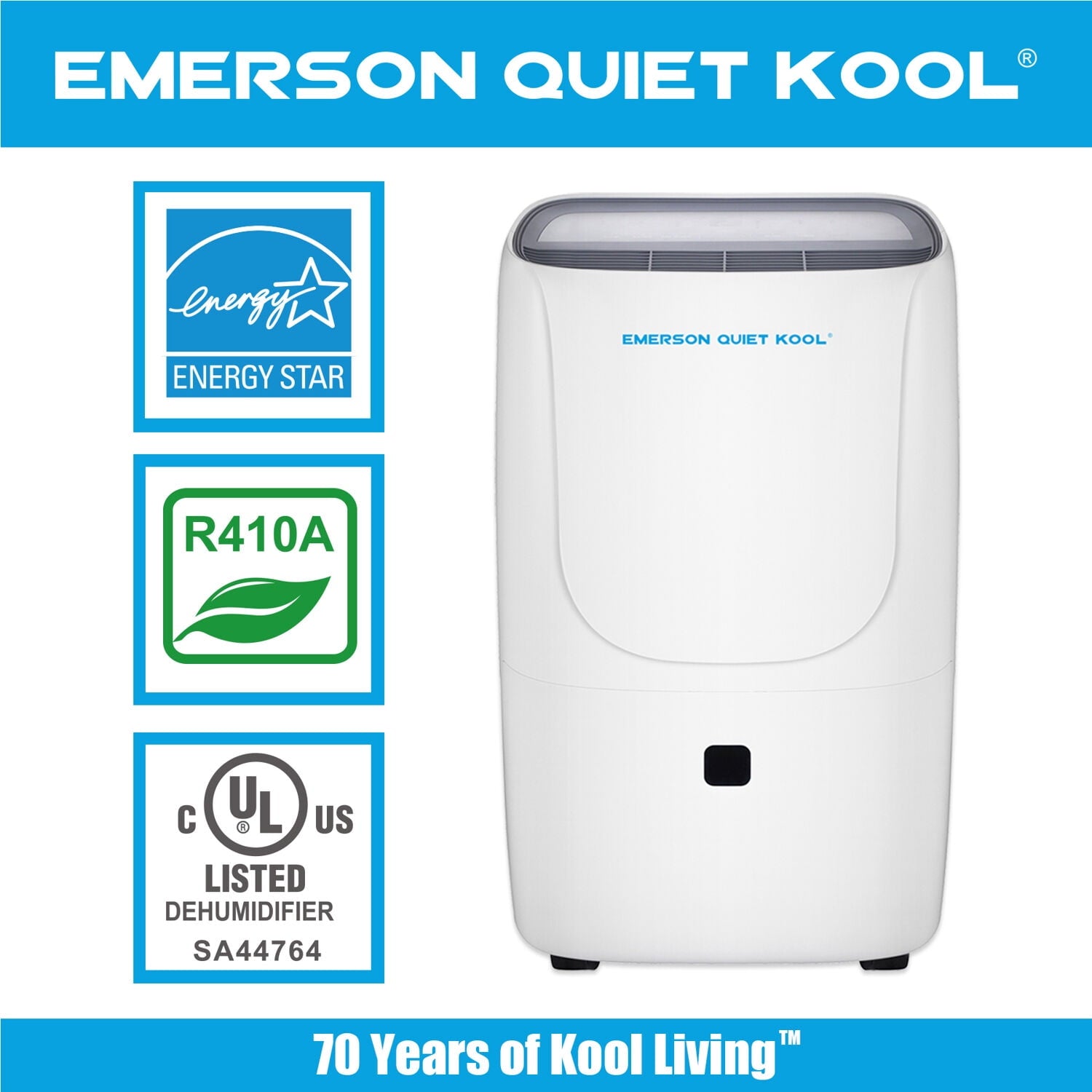 Emerson Quiet Kool 40 Pint Dehumidifier in White with Front-Access Collection Bucket & 24-Hour Timer