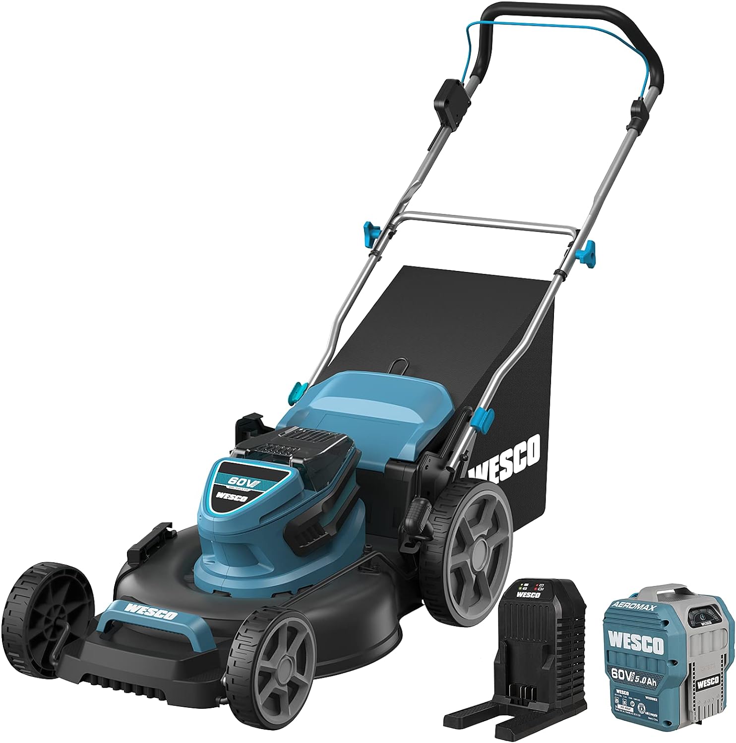 Cordless Lawn Mower, WESCO 60V Brushless Push Lawn Mower, 20-Inch3-in-1, 5.0Ah Battery and Charger Included, 7 Mowing Heights, 13.7 Gallon Grass Bag/WS8704U